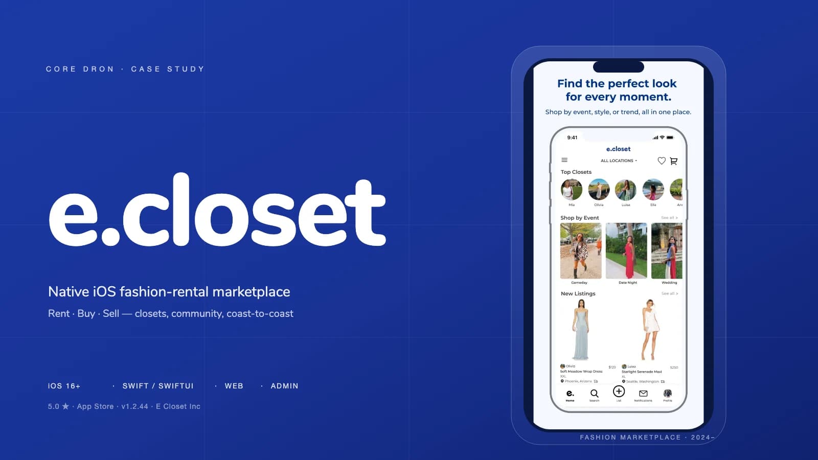 E Closet — Native iOS Fashion Rental & Resale Marketplace case study cover