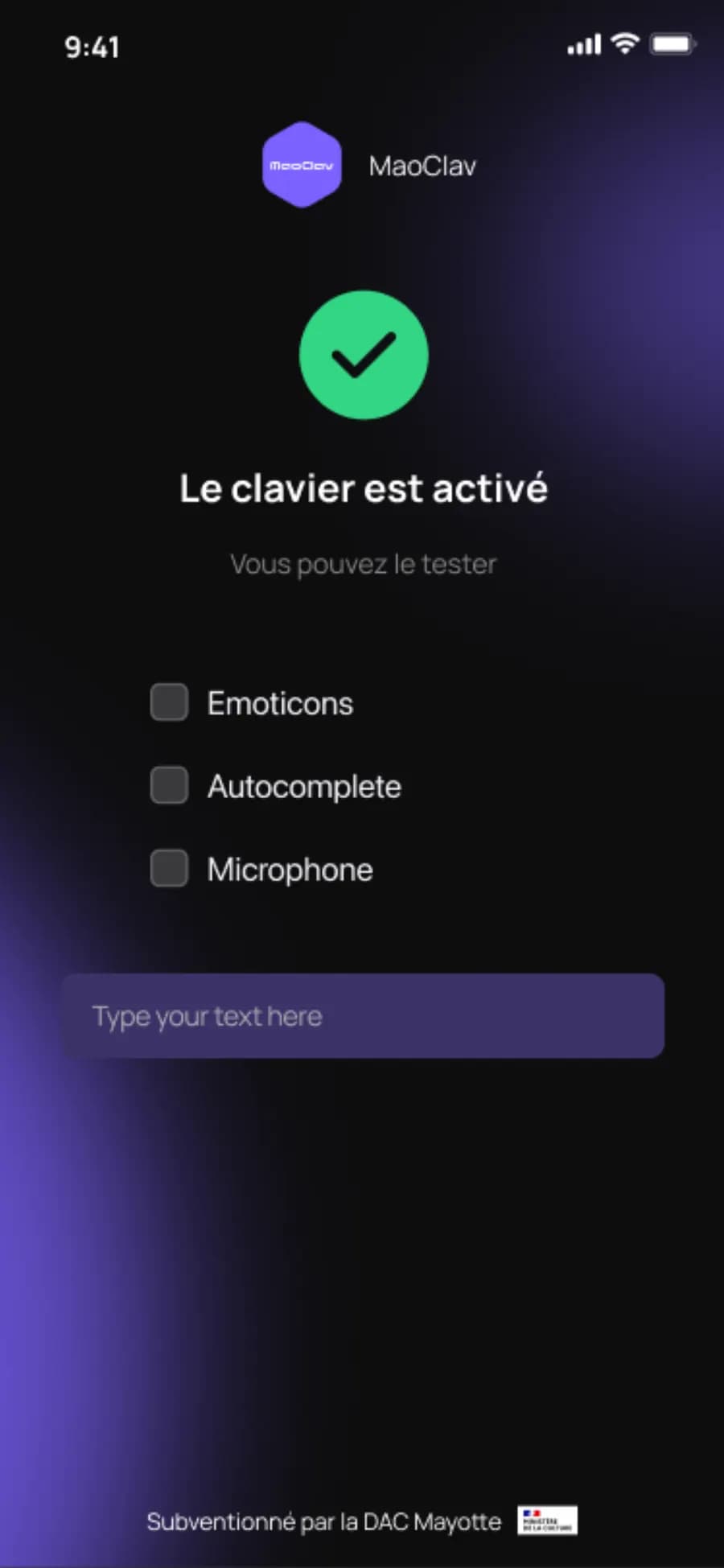 Maoclav keyboard setup success state with feature toggles