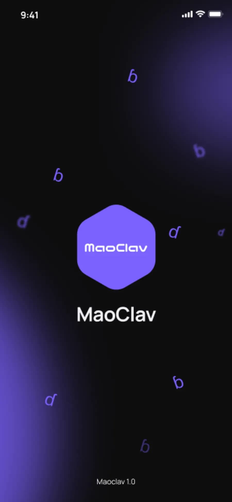 Maoclav app splash screen with brand mark and floating language characters
