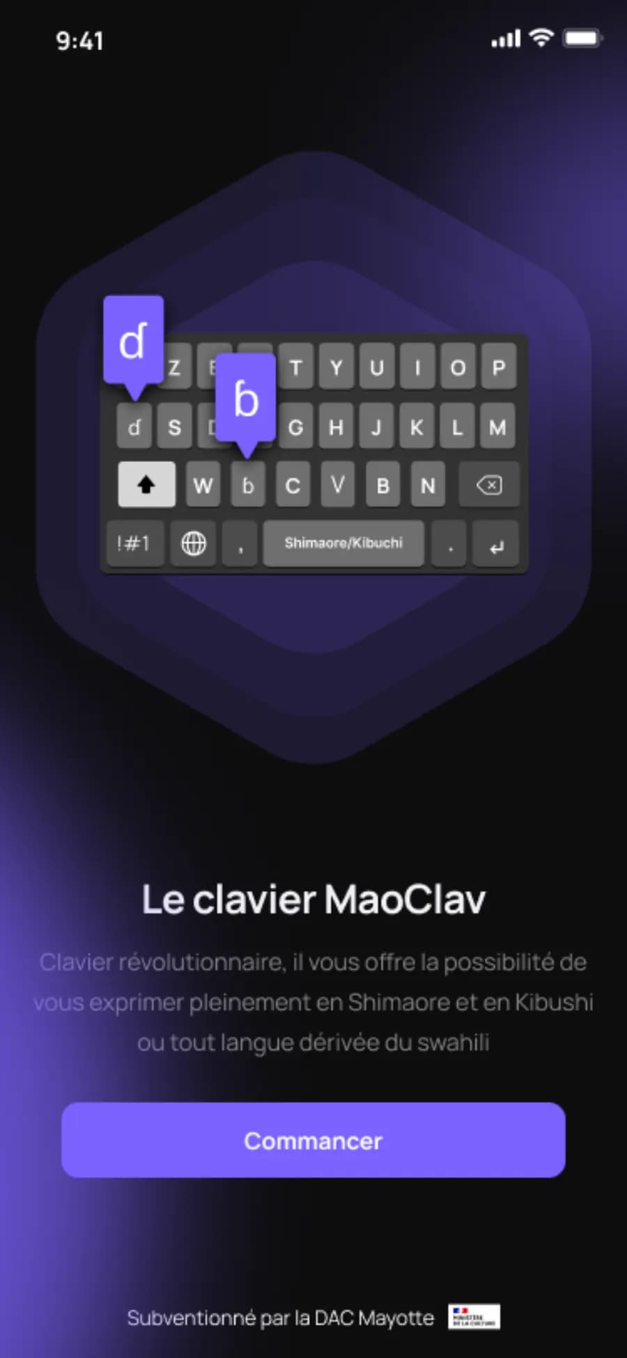 Maoclav onboarding intro screen introducing the Shimaore and Kibushi keyboard