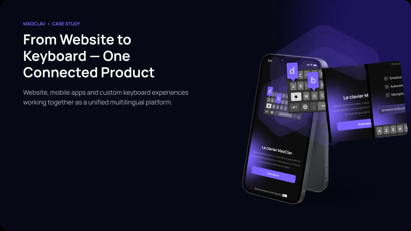 Maoclav product overview artwork showing the website and custom mobile keyboard experience.