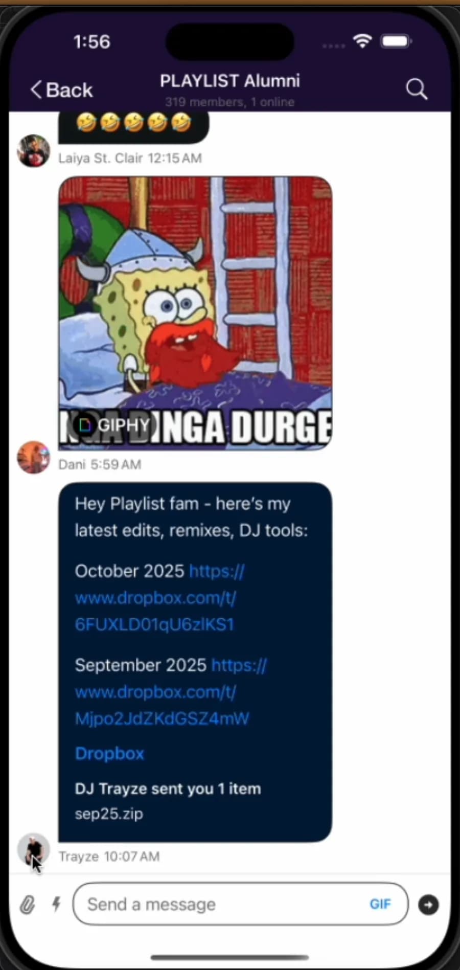 PLAYLIST Alumni community chat — ongoing conversation with GIFs, DJ tools and media