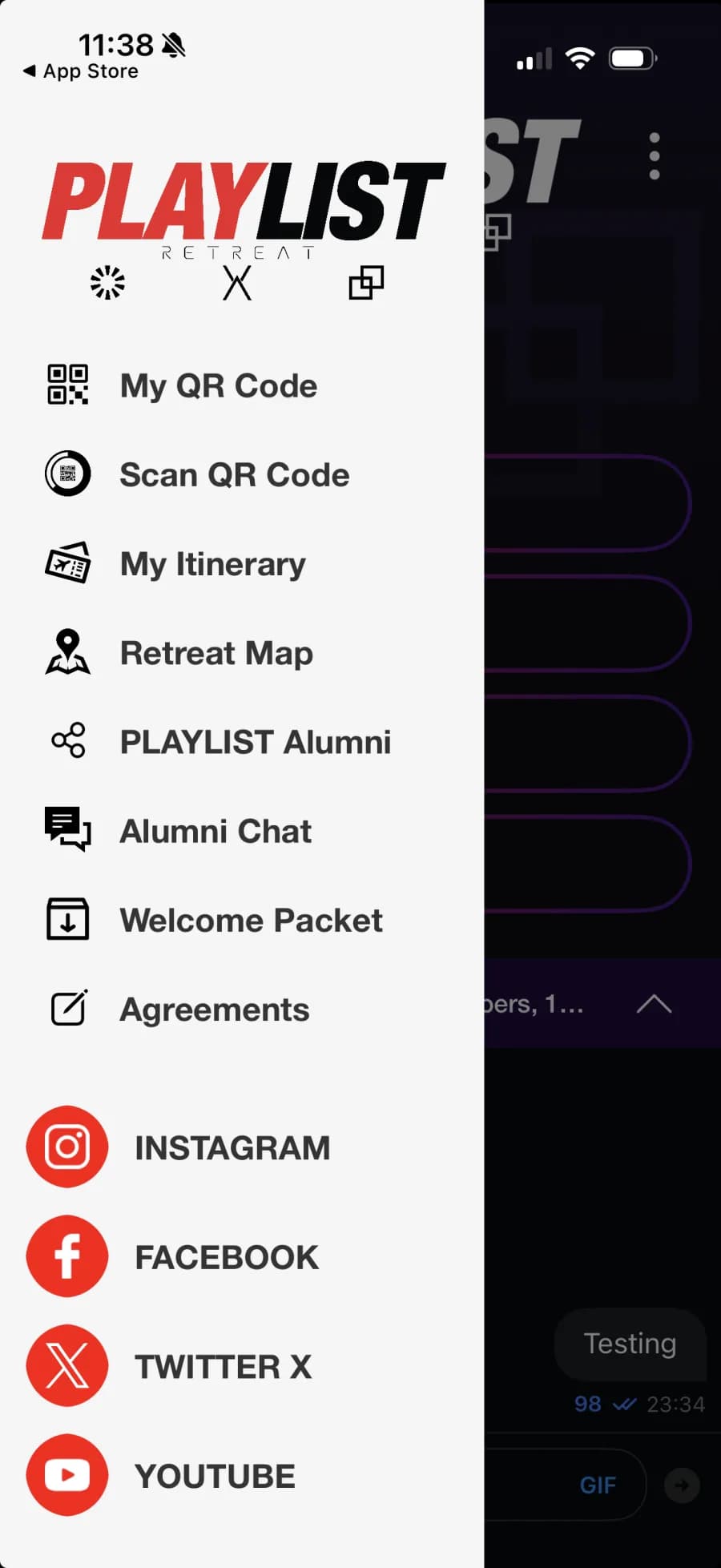 PLAYLIST Retreat mobile app side navigation menu — QR code, itinerary, retreat map, alumni chat and social links