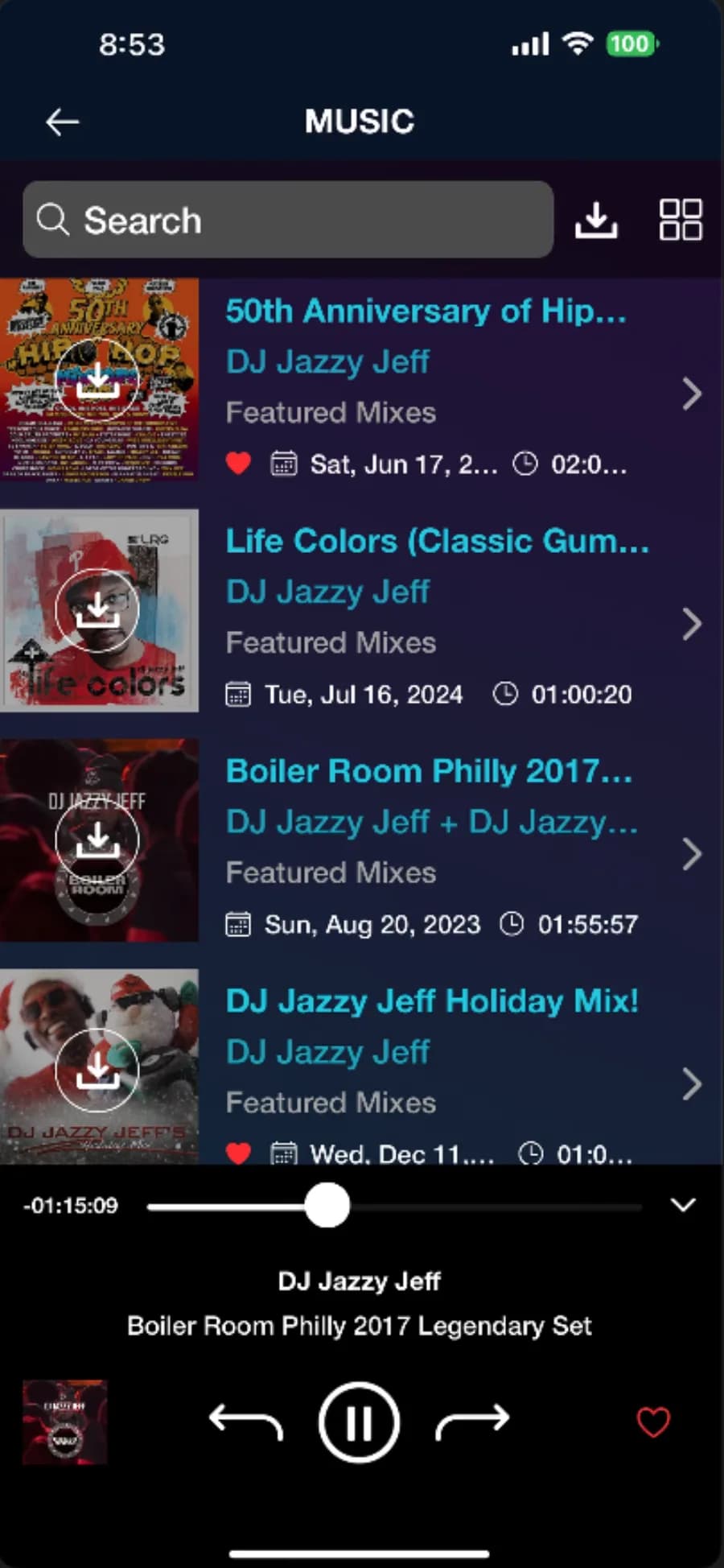 DJ Jazzy Jeff iOS music library with active mini-player