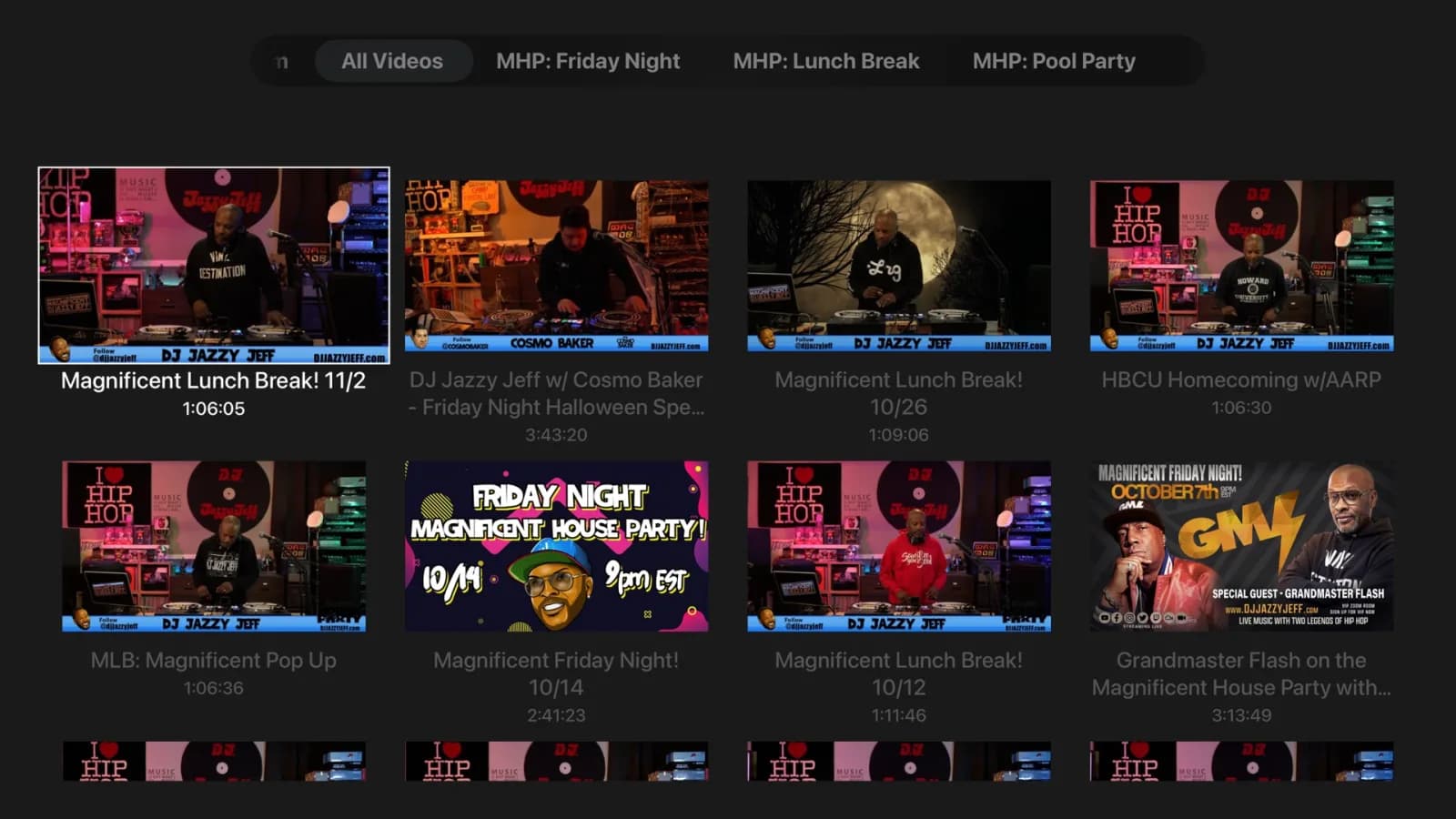 DJ Jazzy Jeff Apple TV app — content library with MHP Friday Night, Lunch Break, Pool Party categories and video thumbnails