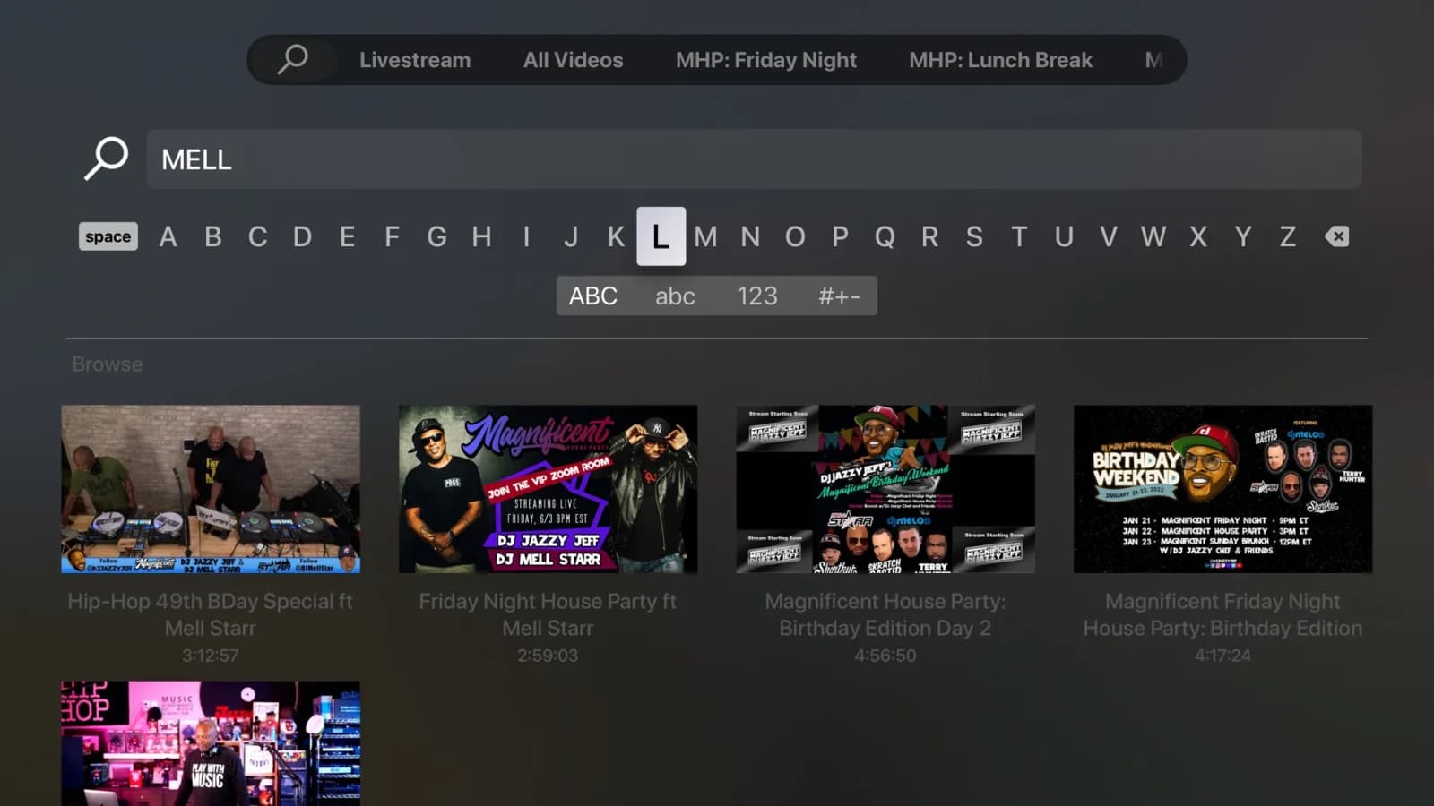 DJ Jazzy Jeff Apple TV app — search screen with on-screen keyboard and browse results