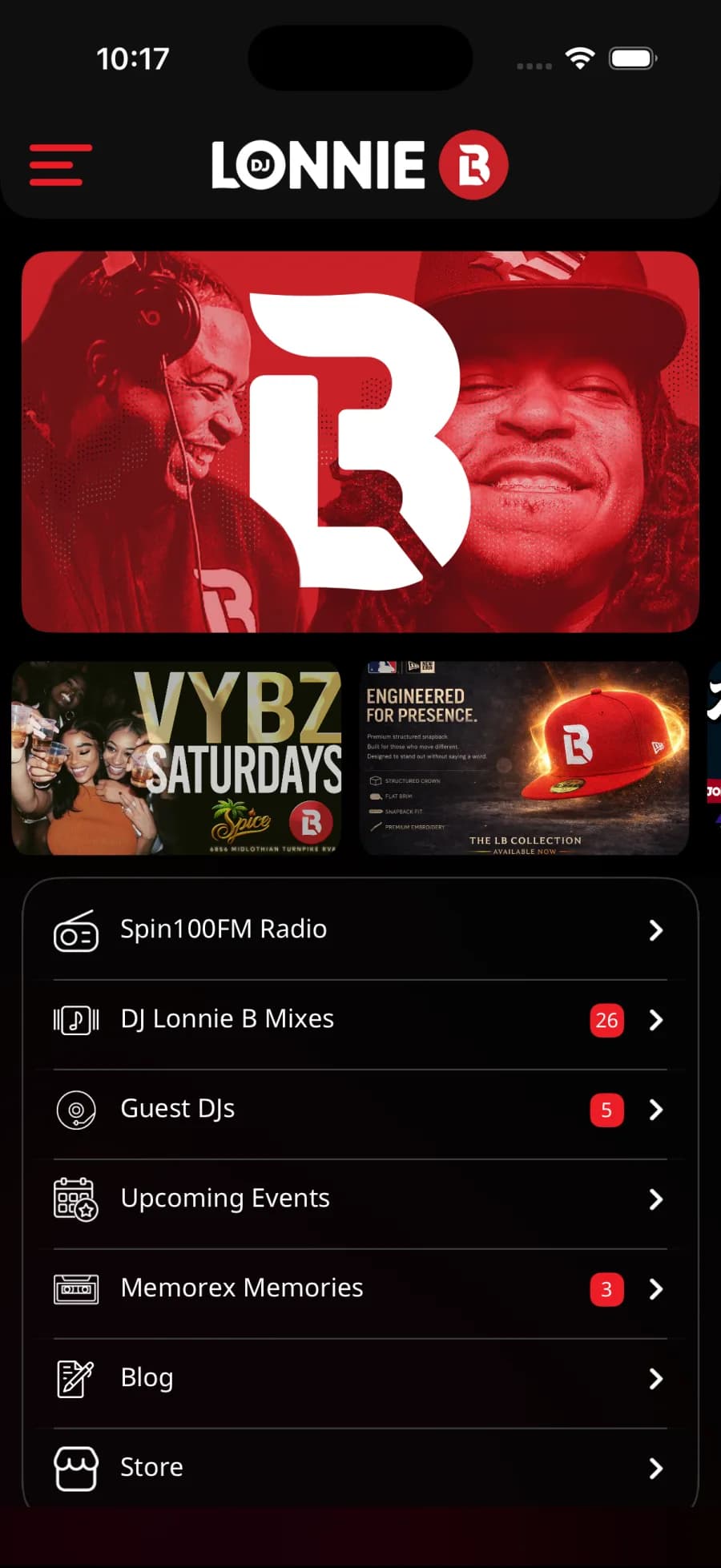DJ Lonnie B iOS app — home with featured content and navigation into Spin100FM Radio, Mixes, Guest DJs, Events and Store