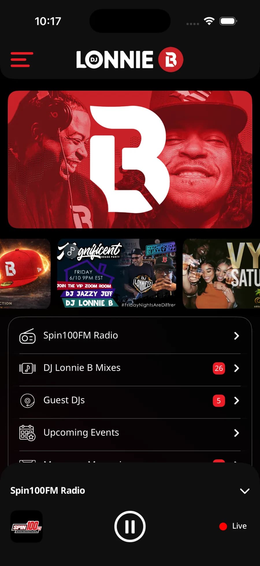 DJ Lonnie B iOS app — home with Spin100FM live radio playing in the persistent bottom player