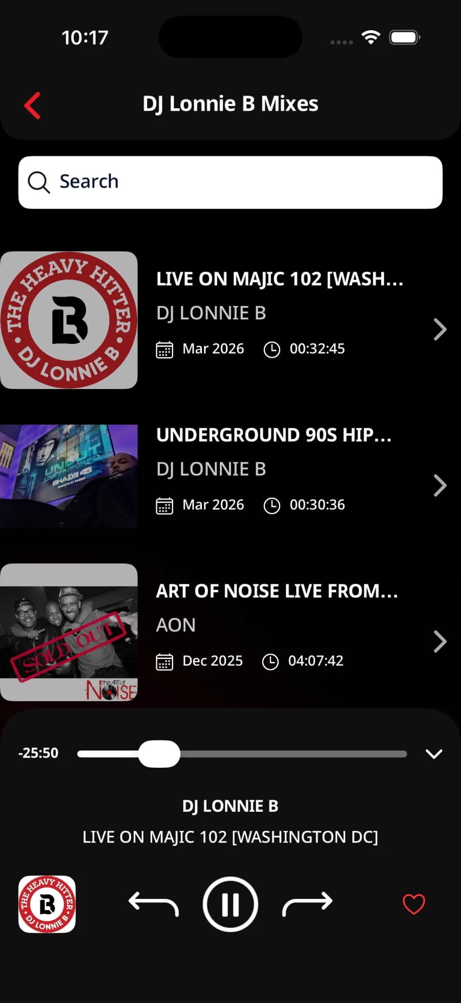 DJ Lonnie B iOS app — mixes list with persistent music player and Favorite action