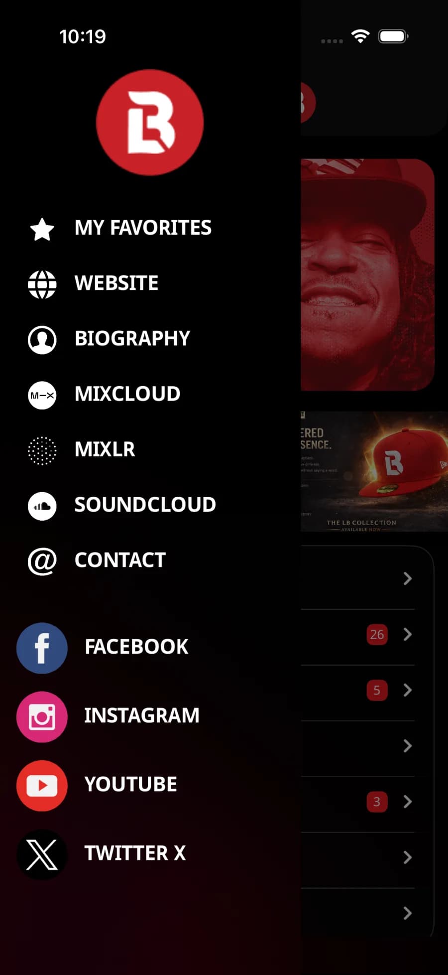 DJ Lonnie B iOS app — side menu with Favorites, biography and links to Mixcloud, Mixlr, SoundCloud, Facebook, Instagram, YouTube and Twitter X