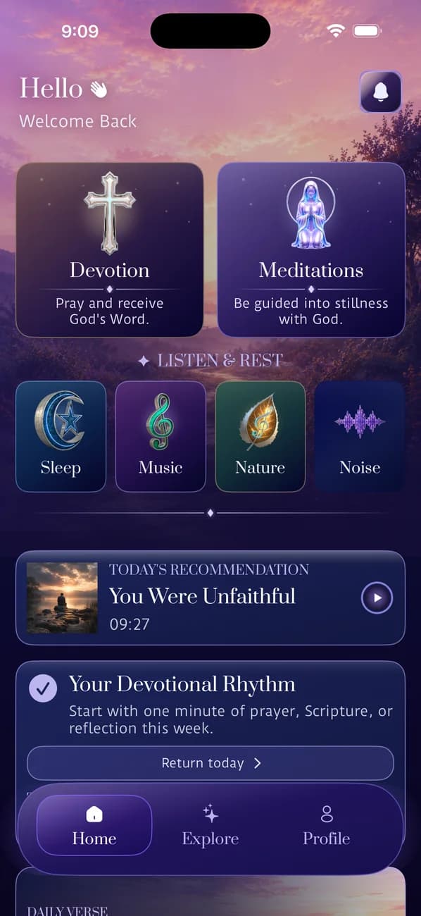Dear Friends native iOS home screen with devotion and meditation entries