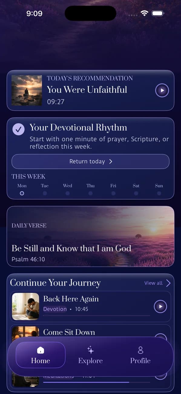 Dear Friends native iOS home screen showing content categories and daily prompt