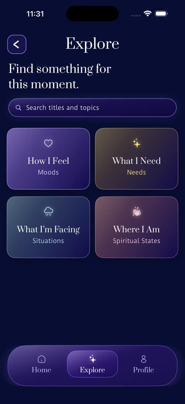 Dear Friends explore screen showing themes and moods for meditation and devotions