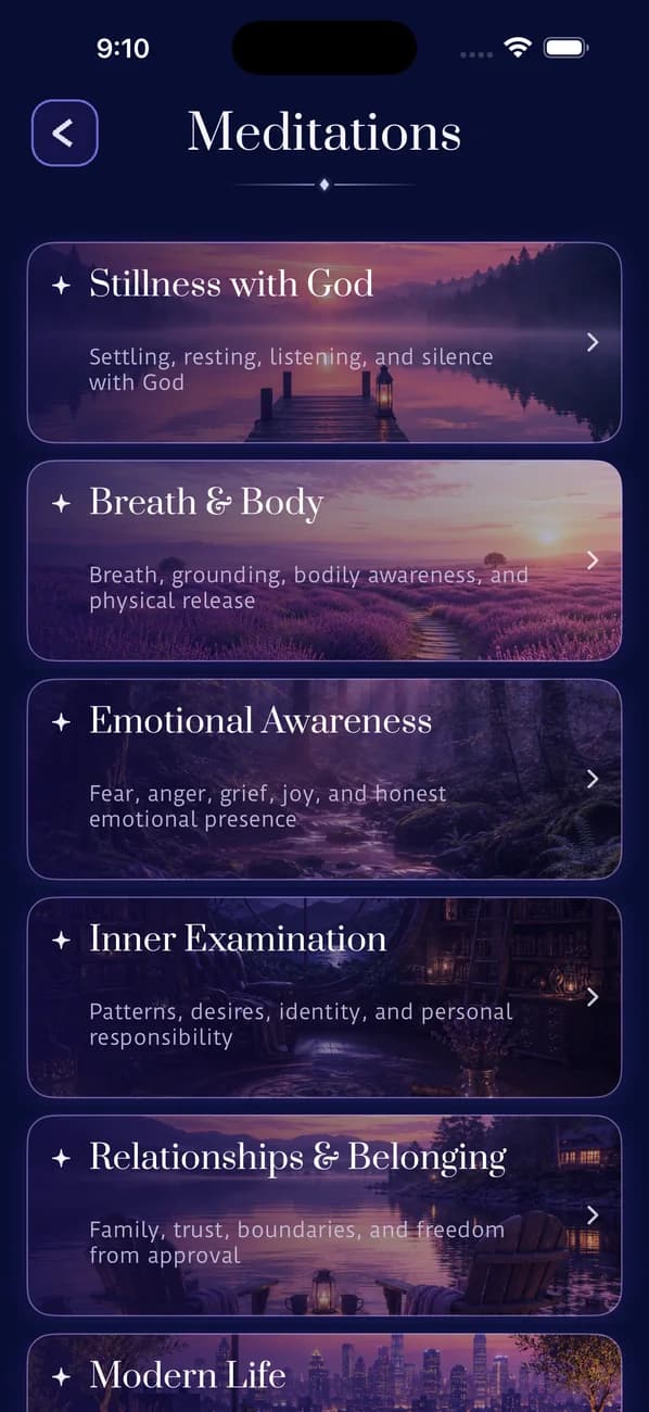 Dear Friends meditation themes screen with prayer, stillness and emotional-awareness groups