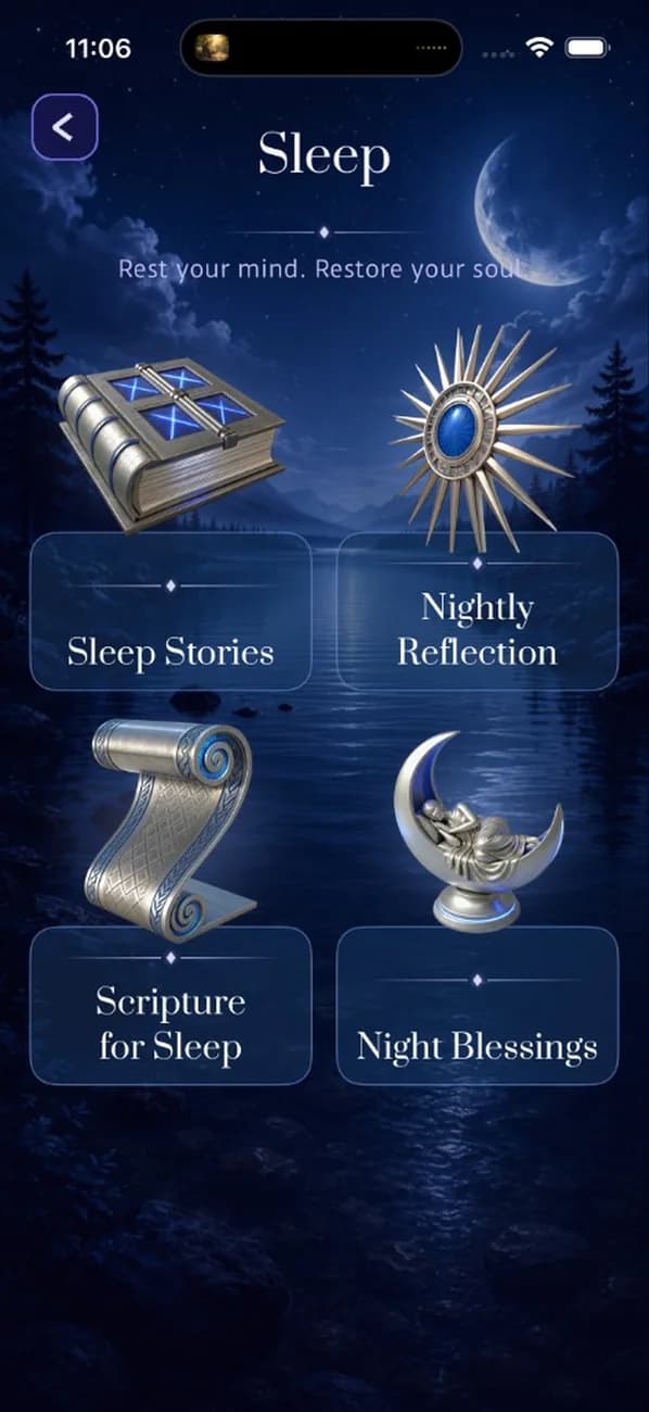 Dear Friends native Android sleep content screen with evening prayer and rest audio