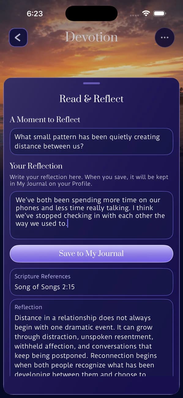 Dear Friends Read and Reflect screen with a written reflection field beneath a session