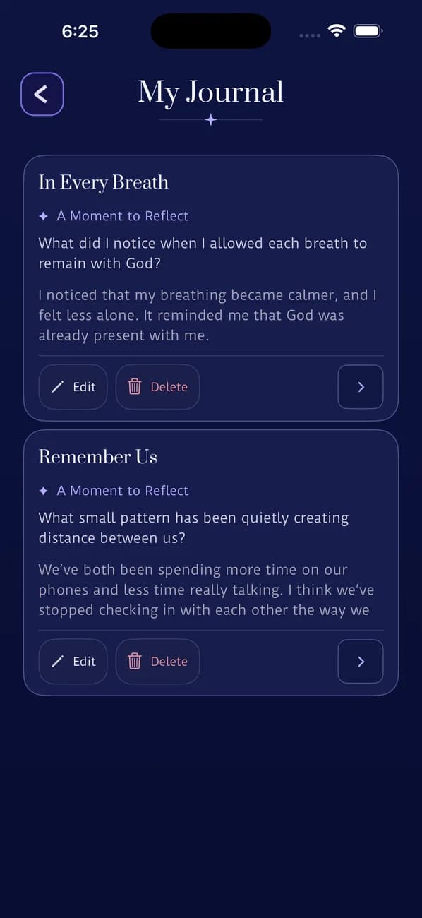 Dear Friends My Journal listing showing saved reflections from earlier sessions