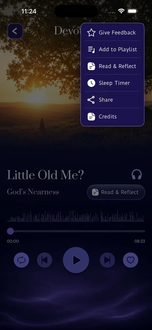 Dear Friends player more menu with Read and Reflect, Add to Playlist and Sleep Timer actions