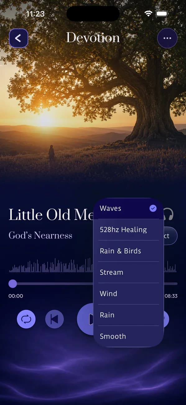 Dear Friends background audio settings letting users pair rain, healing tones or nature sounds under a session