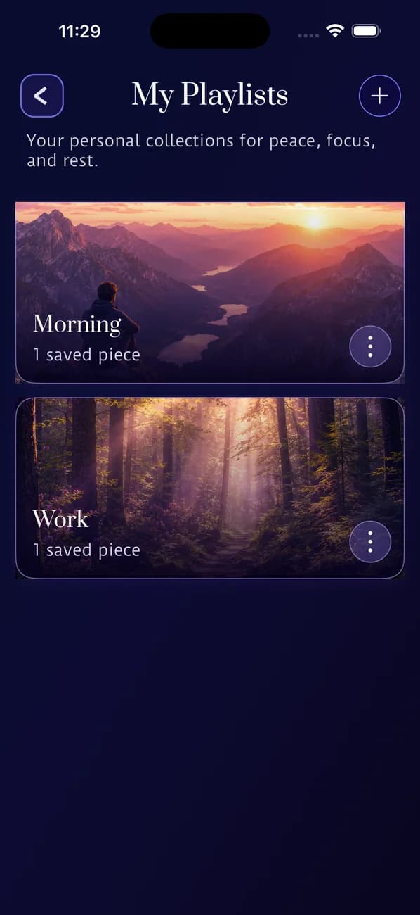 Dear Friends playlists screen with saved sessions grouped by user-created collections