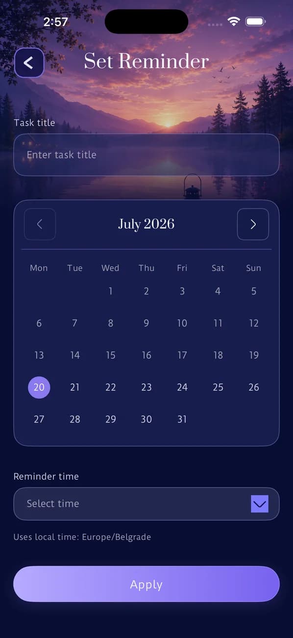 Dear Friends Set Reminder screen with calendar and time selection for personal practice