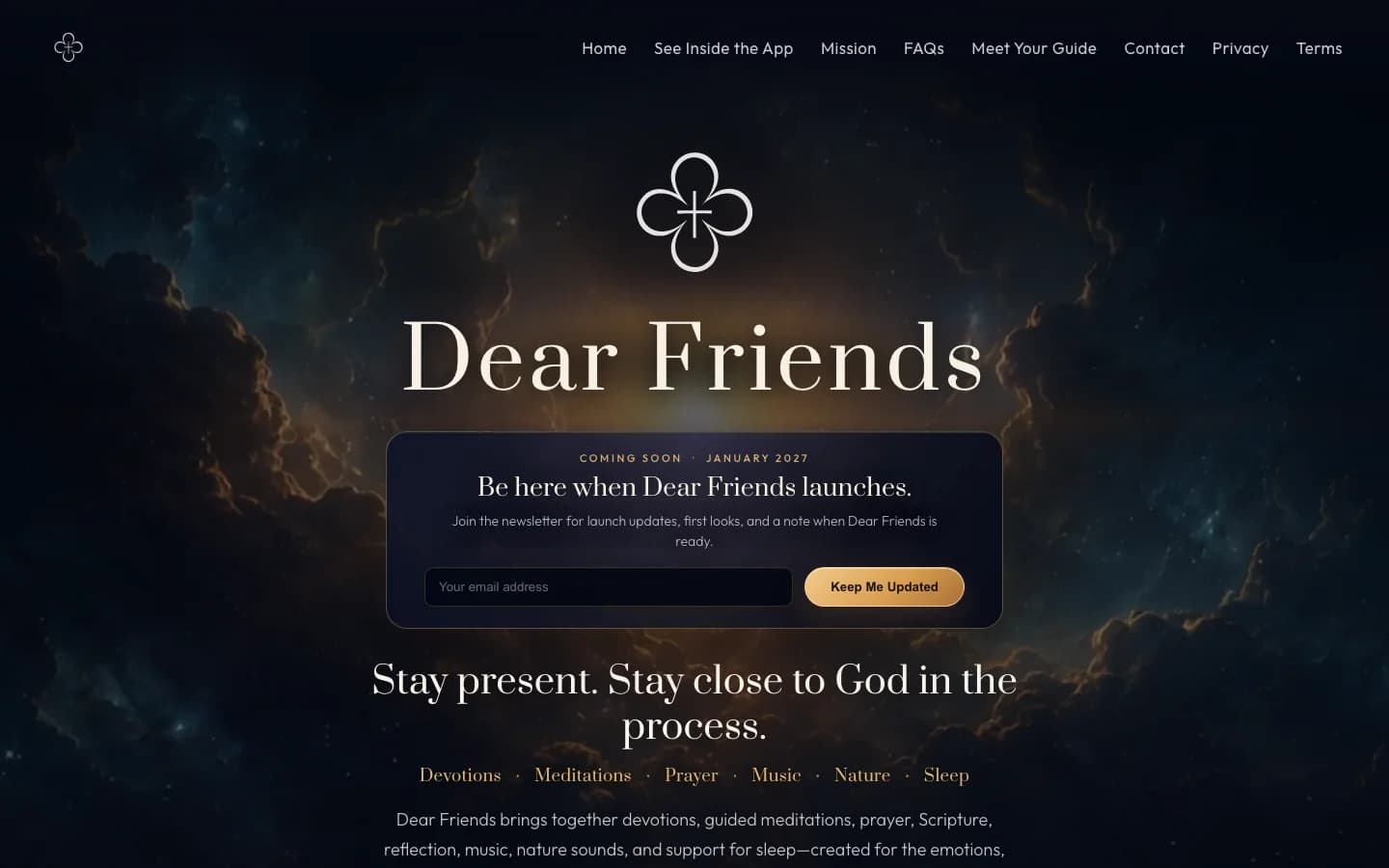 Dear Friends spiritual wellness marketing website with nebula hero and content showcase