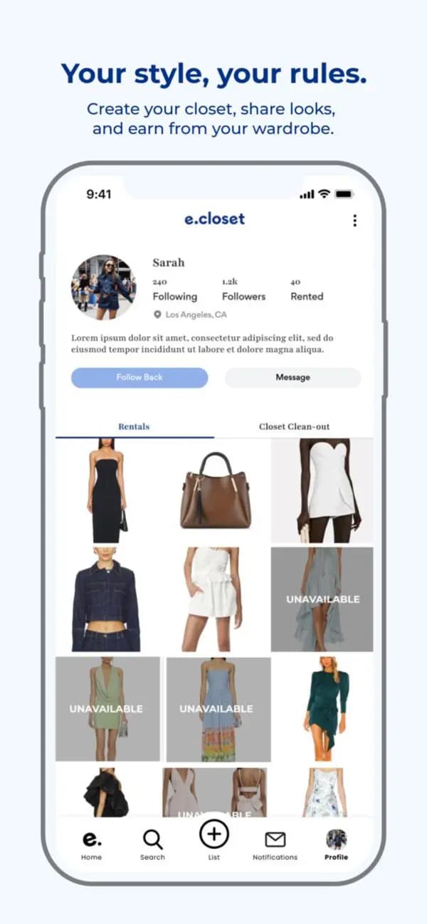 E Closet native SwiftUI fashion rental app closet profile screen with rentals and resale tabs