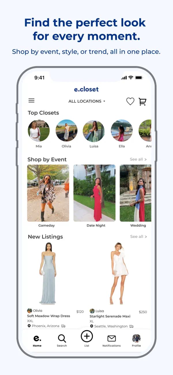 E Closet fashion rental app home screen — Top Closets, Shop by Event (Gameday, Date Night, Wedding), New Listings