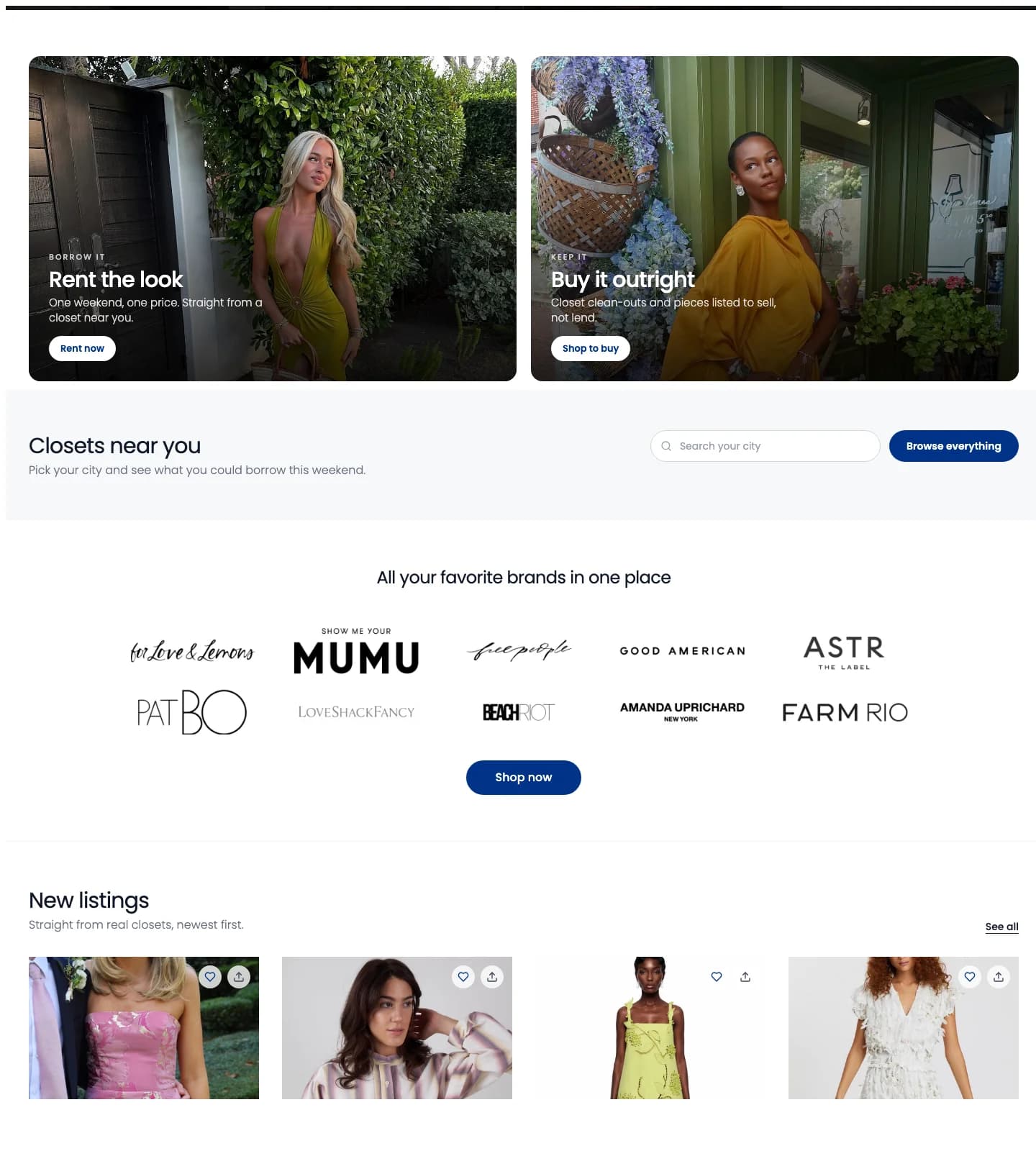 E Closet peer-to-peer fashion marketplace website — Rent the look and Buy it outright tiles, Closets near you city search, designer brand row and New Listings grid
