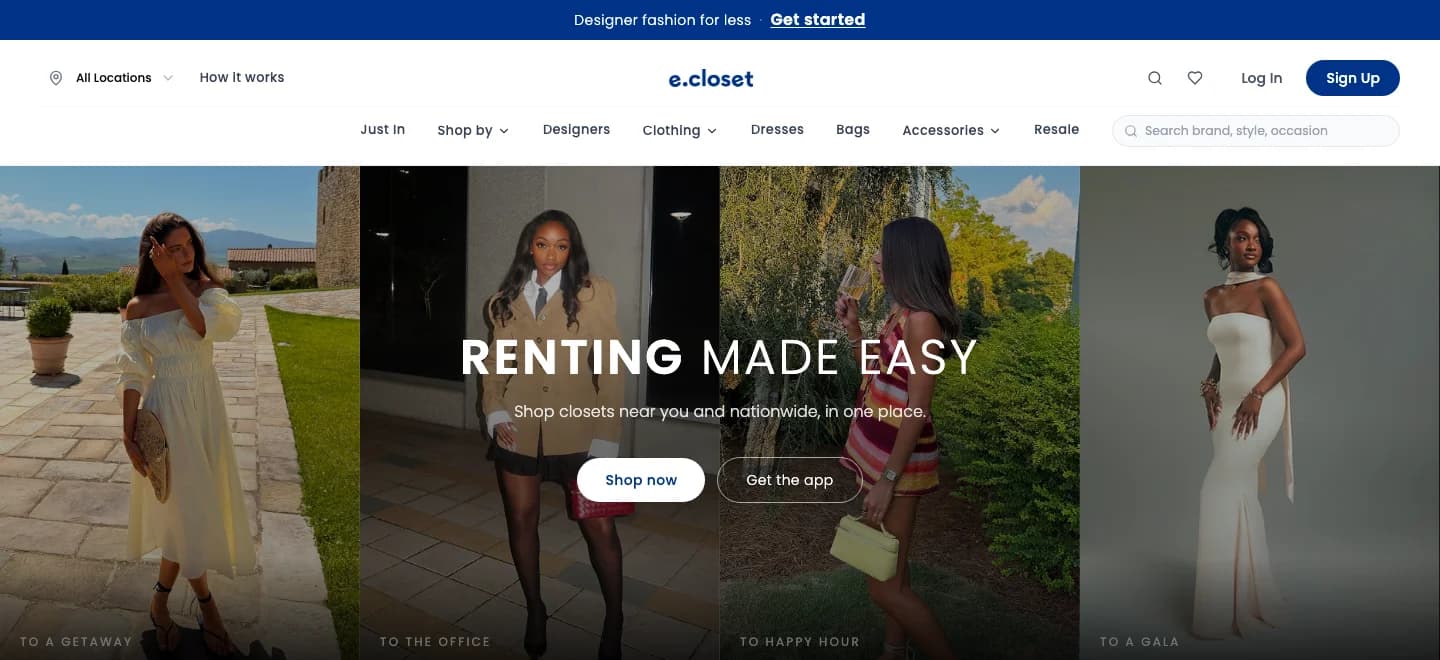 E Closet fashion rental website homepage — 'Renting made easy' hero with a four-photo editorial grid of real users dressed for a getaway, the office, happy hour and a gala
