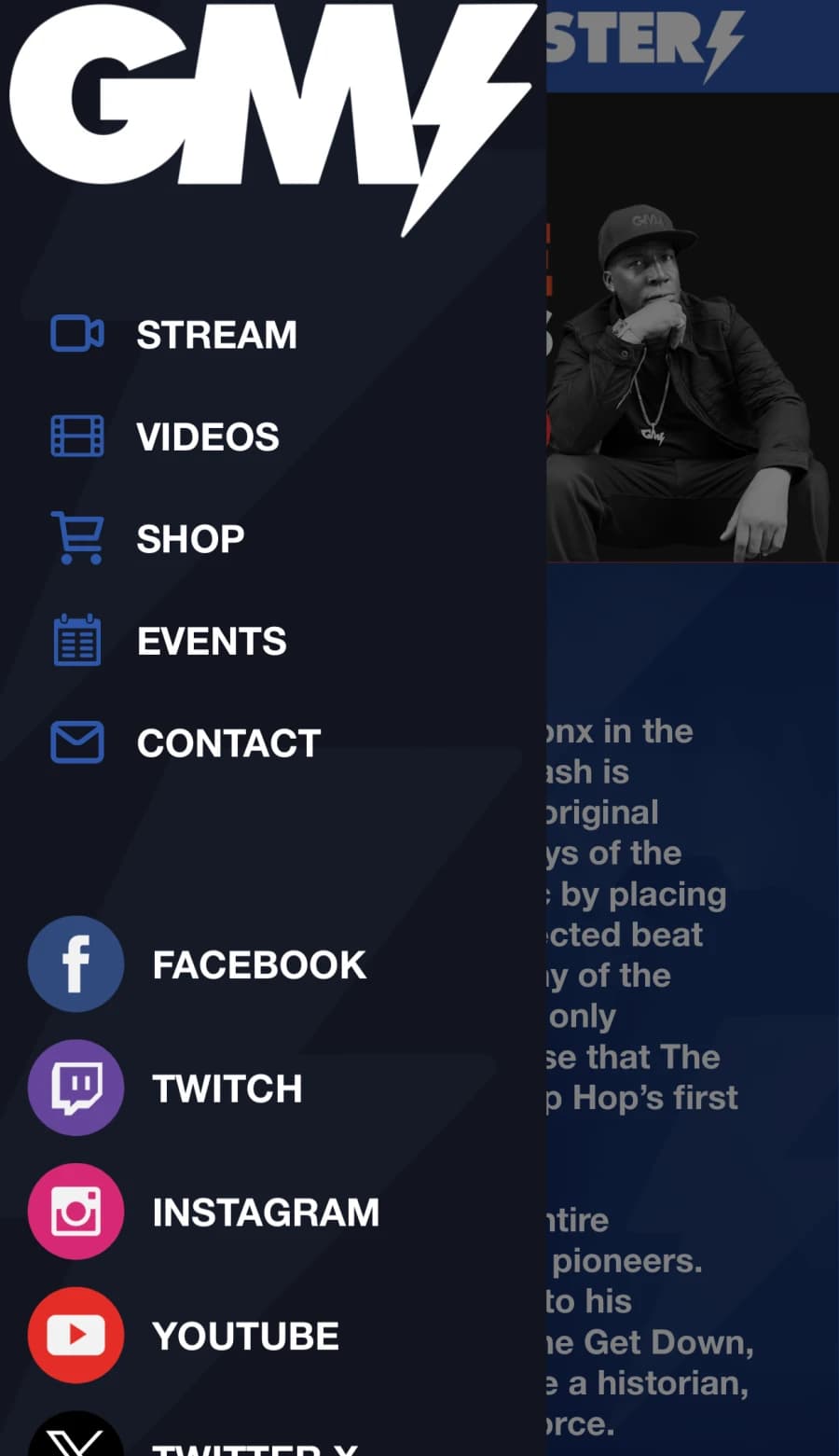 Grandmaster Flash iOS app — side menu with Stream, Videos, Shop, Events, Contact and social channels