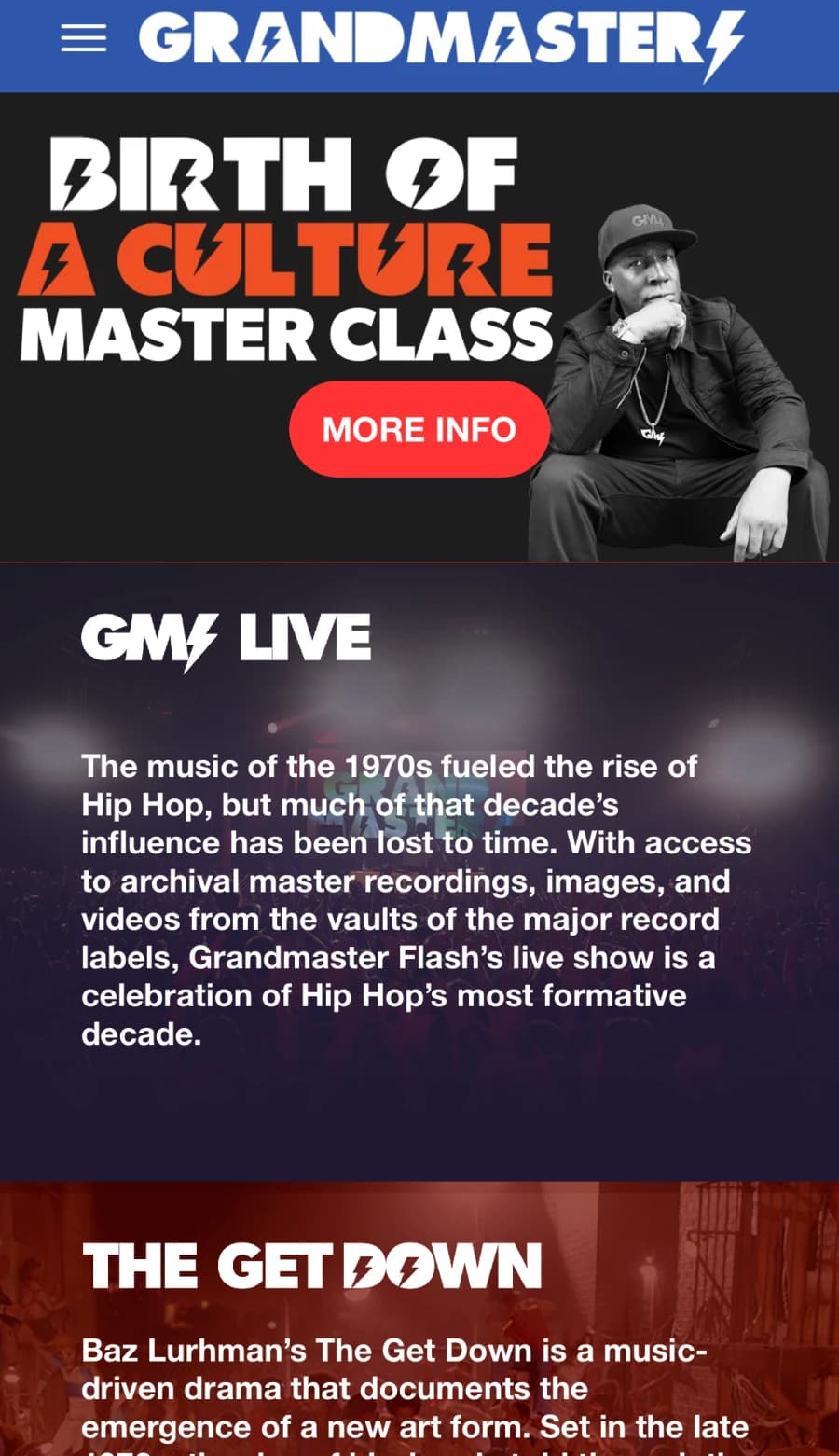 Grandmaster Flash iOS app — home / hub screen with Birth of a Culture master class hero and GMF LIVE and The Get Down sections