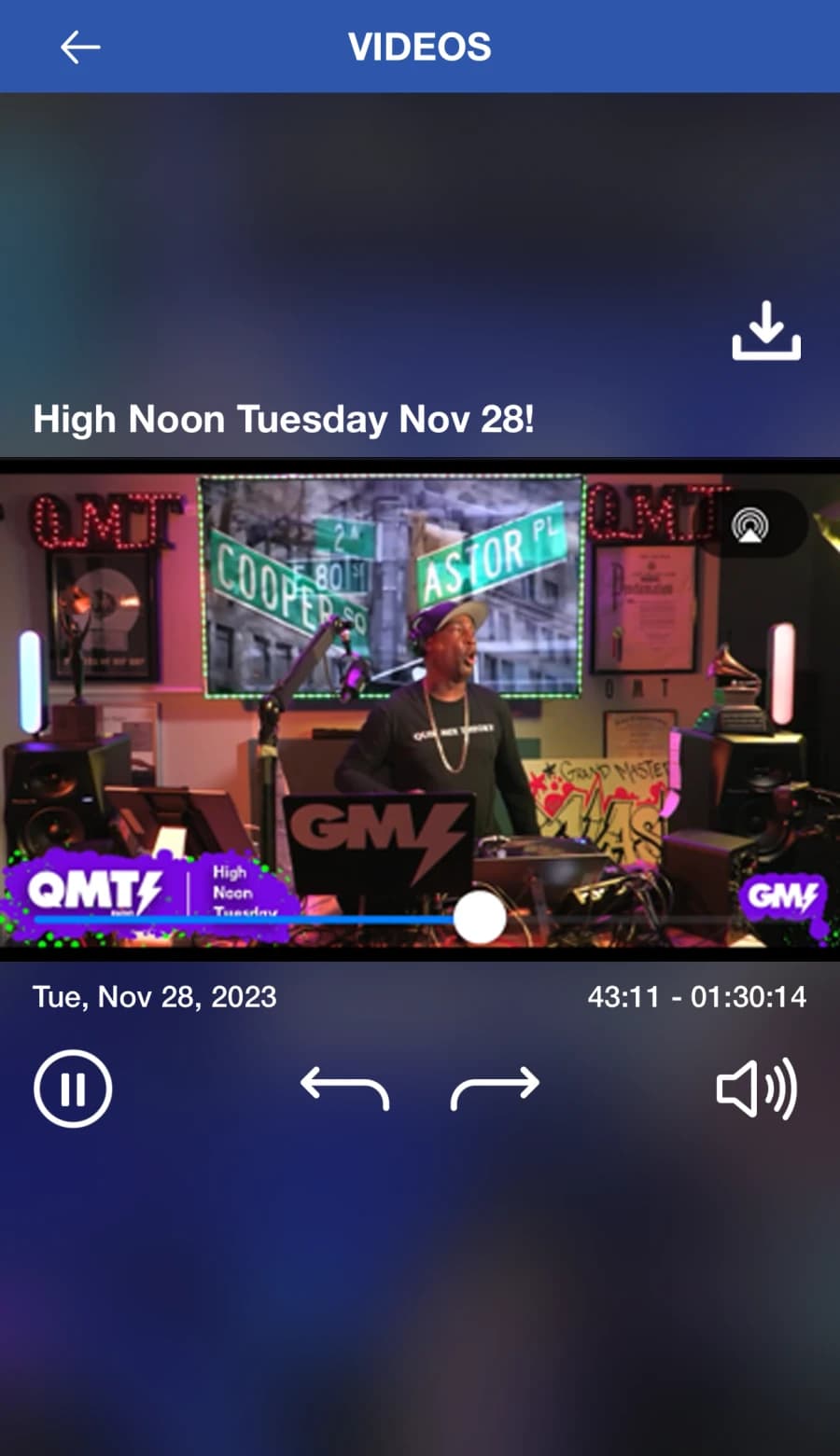 Grandmaster Flash iOS app — in-app video player with playback controls and AirPlay