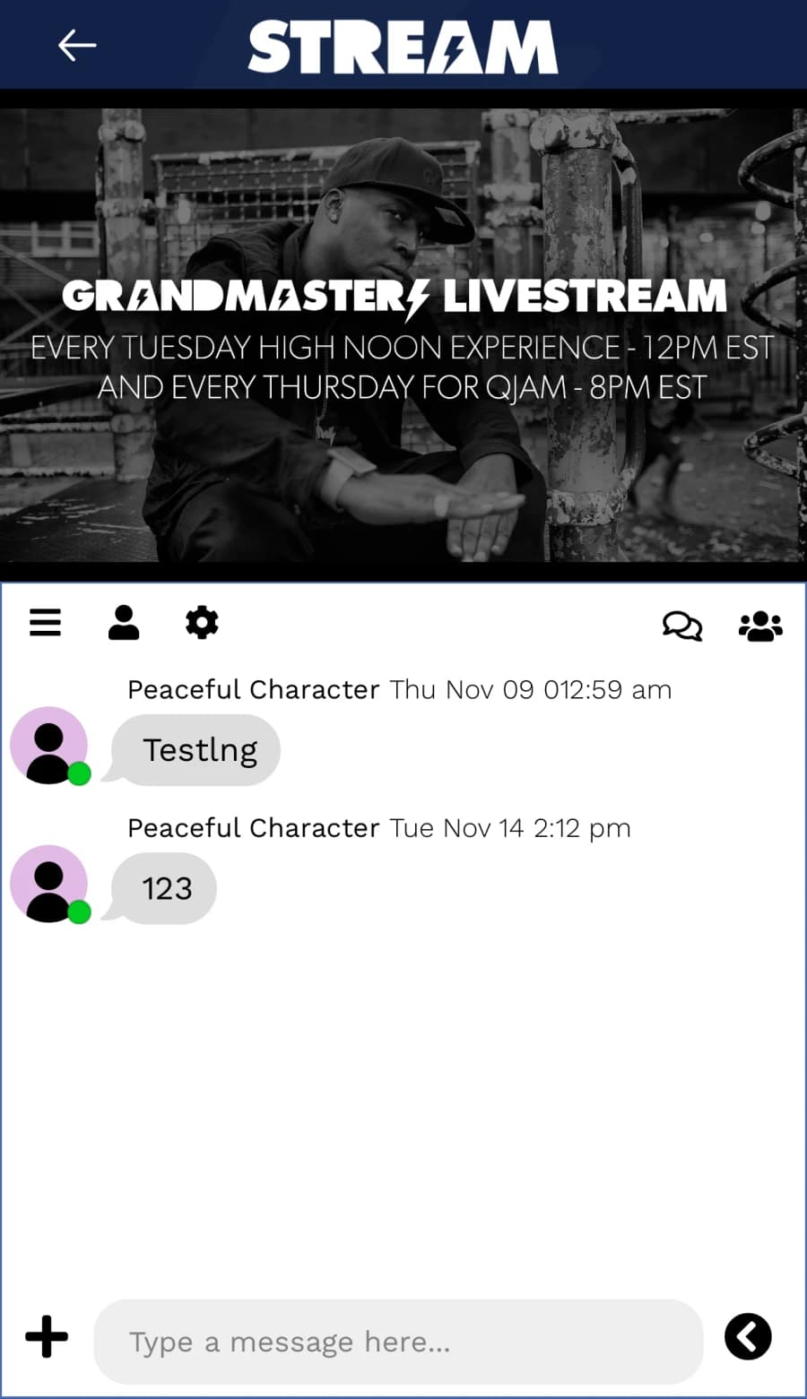 Grandmaster Flash iOS app — livestream screen with scheduled Tuesday and Thursday broadcasts and an in-stream chatroom below