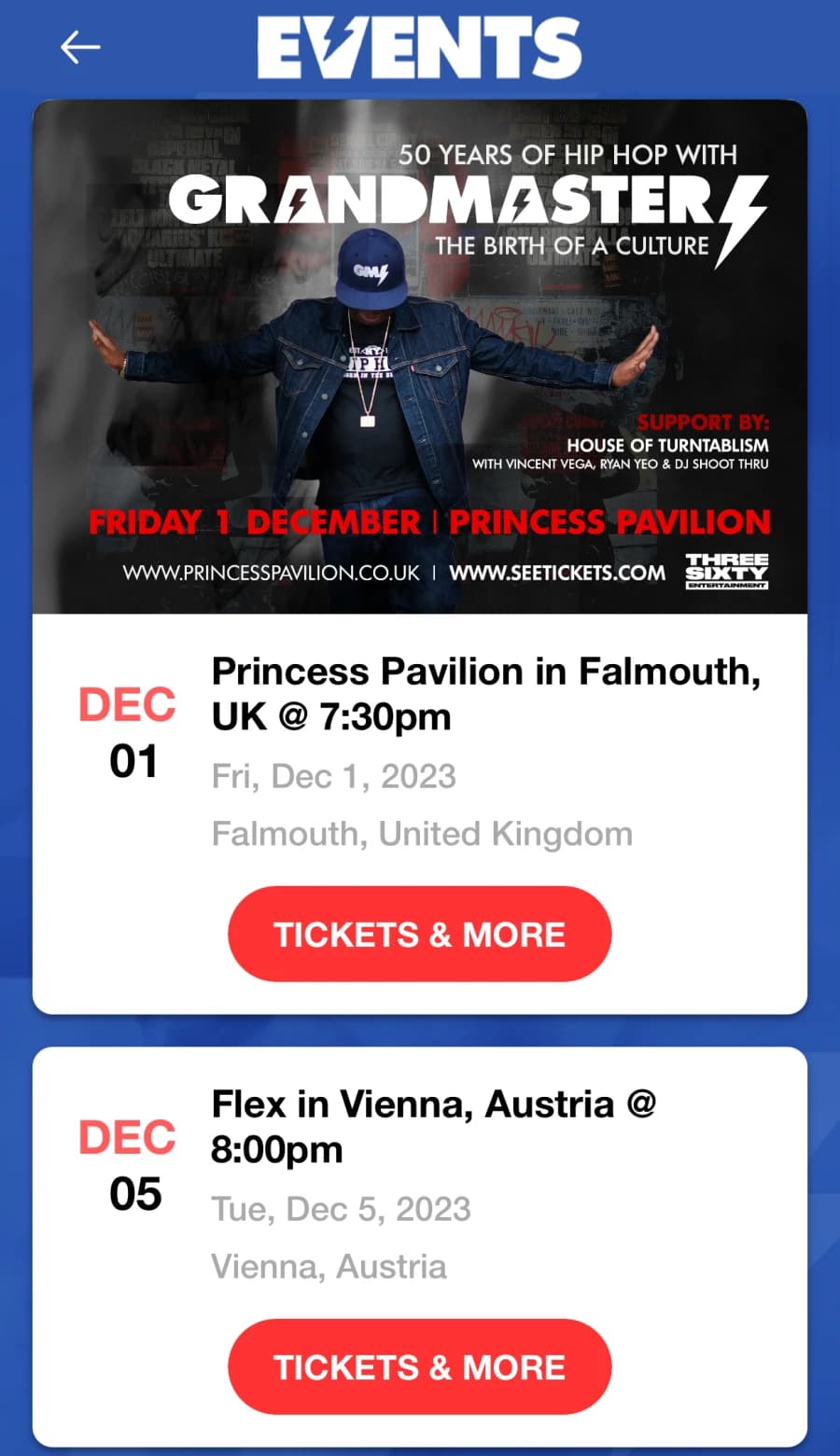 Grandmaster Flash iOS app — events screen listing tour dates with Tickets & More CTAs