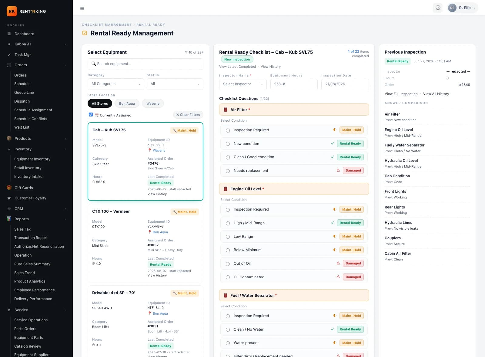 Rent 'n King admin — Rental Ready checklist screen with equipment picker, inspection points and previous-inspection column
