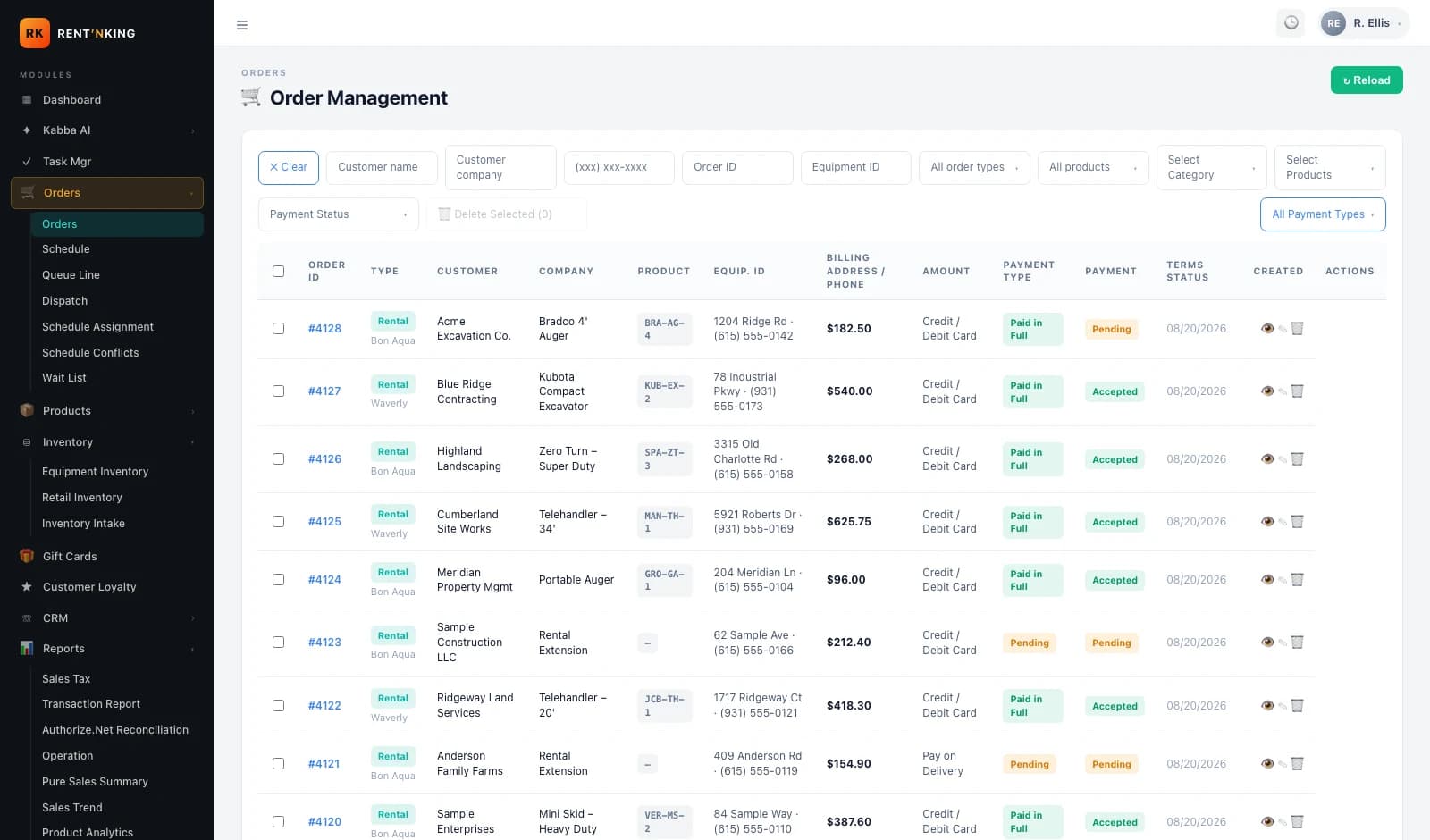Rent 'n King admin — Order Management table