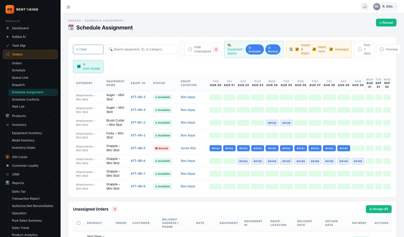 Rent 'n King admin — Schedule Assignment grid