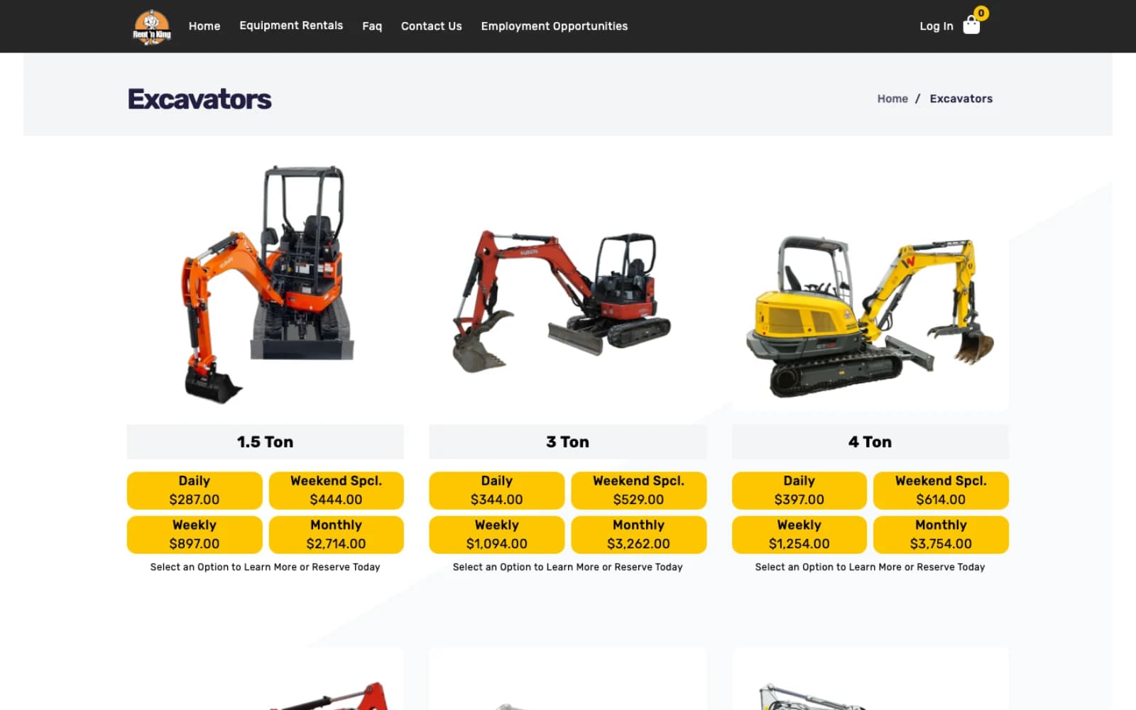 Rent 'n King excavator category page with per-unit specs and four rental periods