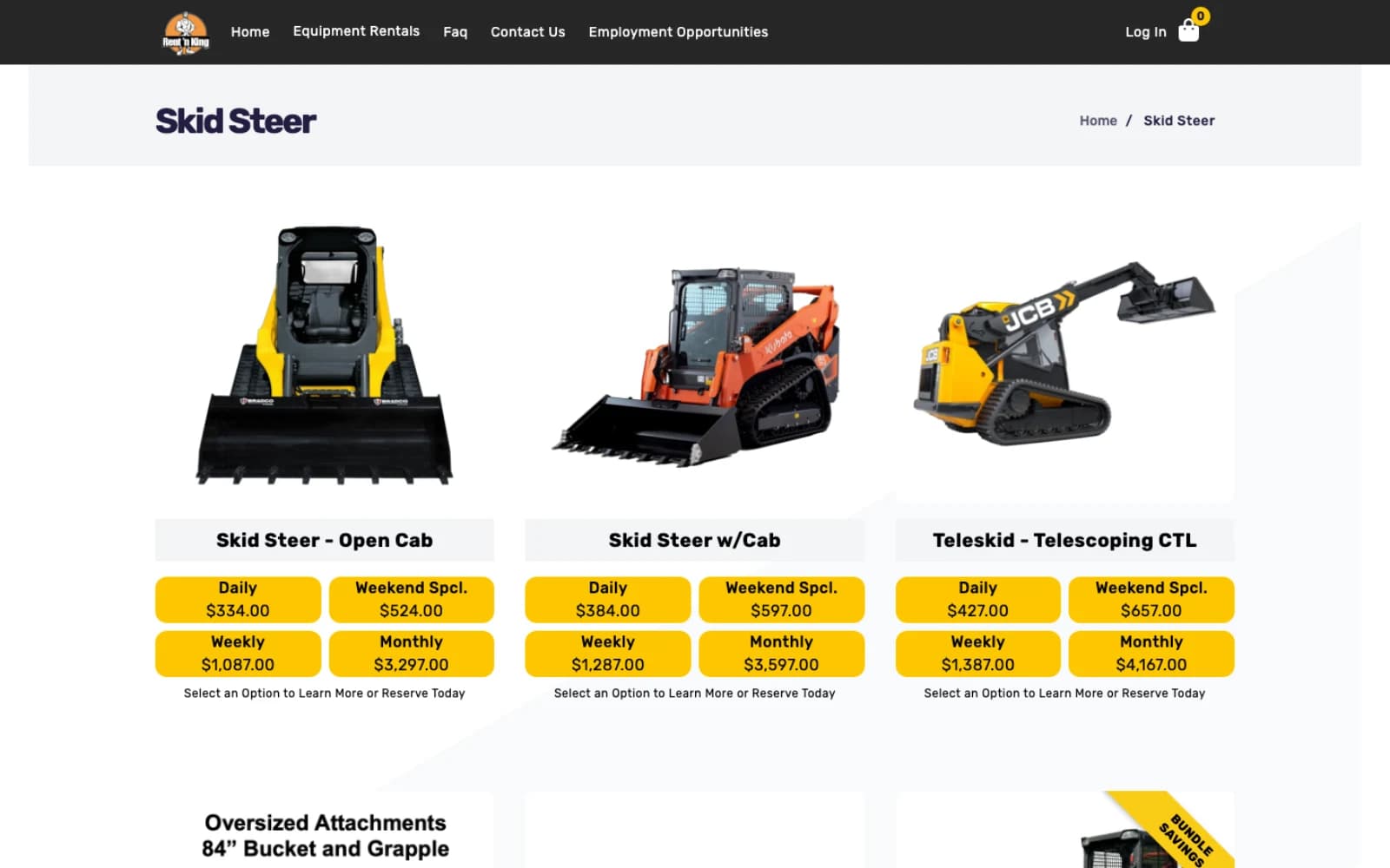 Rent 'n King skid-steer category page — Open Cab, w/Cab and Teleskid with Daily / Weekend / Weekly / Monthly pricing