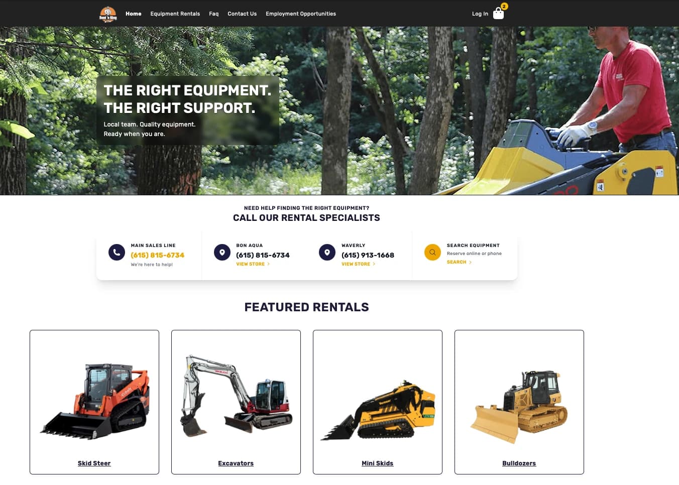 Rent 'n King customer website hero — 'The Right Equipment. The Right Support.' with a skid-steer photo