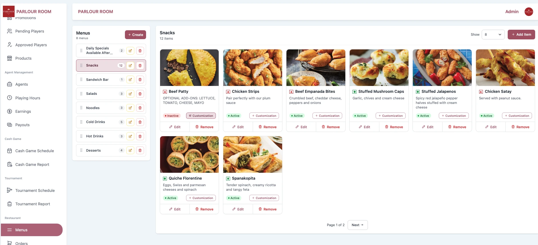 Parlour Room admin — Restaurant menu management screen showing category tabs (Daily Specials, Snacks, Sandwich Bar, Salads, Noodles, Cold Drinks, Hot Drinks, Desserts) with 8 snack product cards in the selected Snacks category