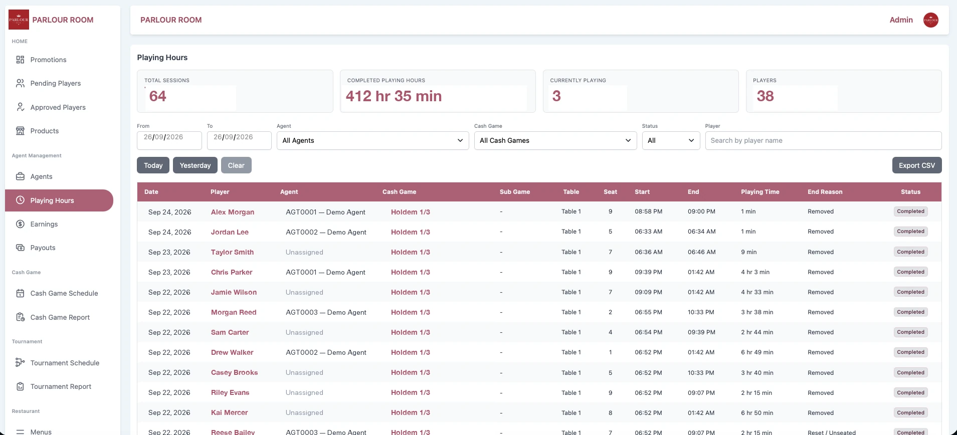 Parlour Room admin — Playing Hours screen with total sessions, completed playing hours, currently playing and player count summary, date-range and agent filters, and a session table showing date, player, agent, cash game, table, seat and playing time