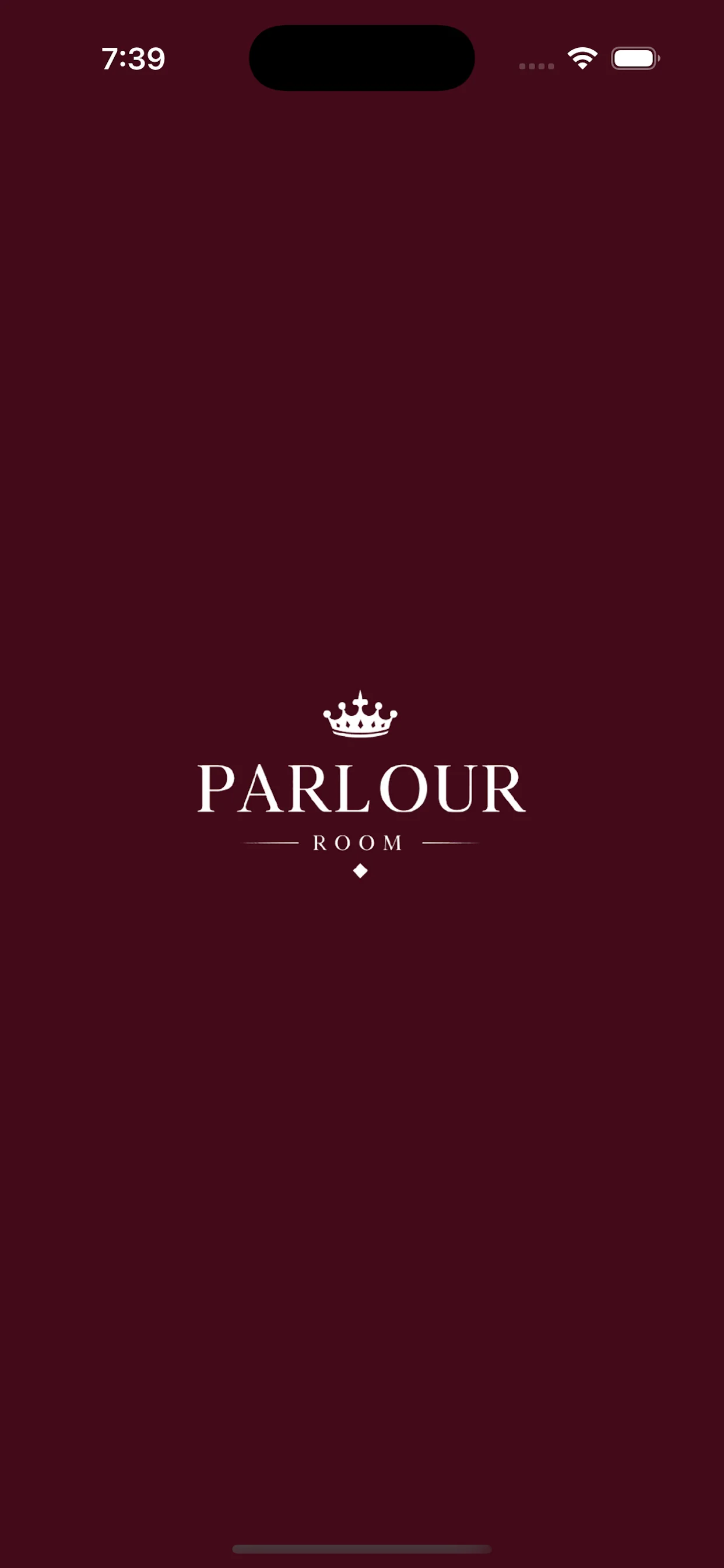 Parlour Room iOS app launch screen with the club's crown branding