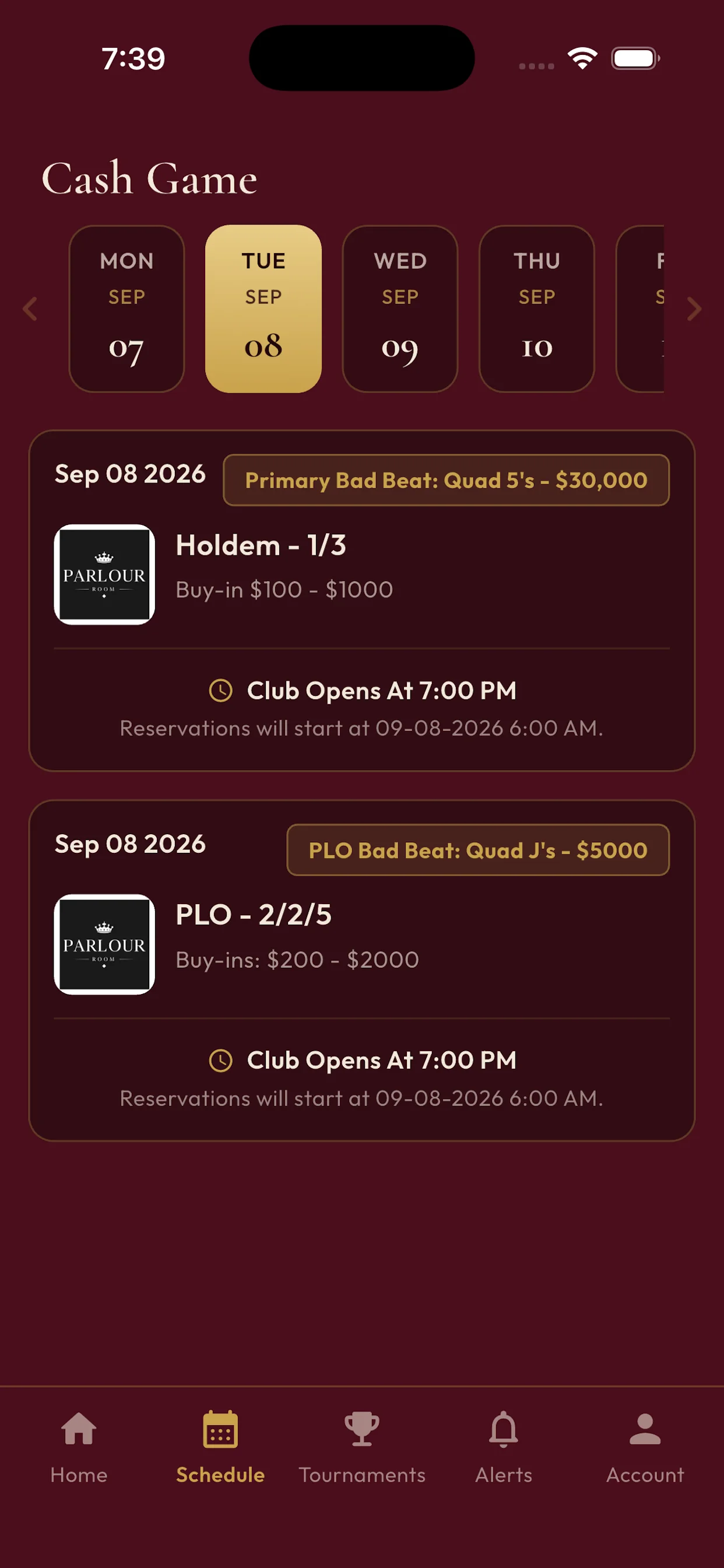 Parlour Room iOS app cash game schedule listing upcoming poker events with day filter
