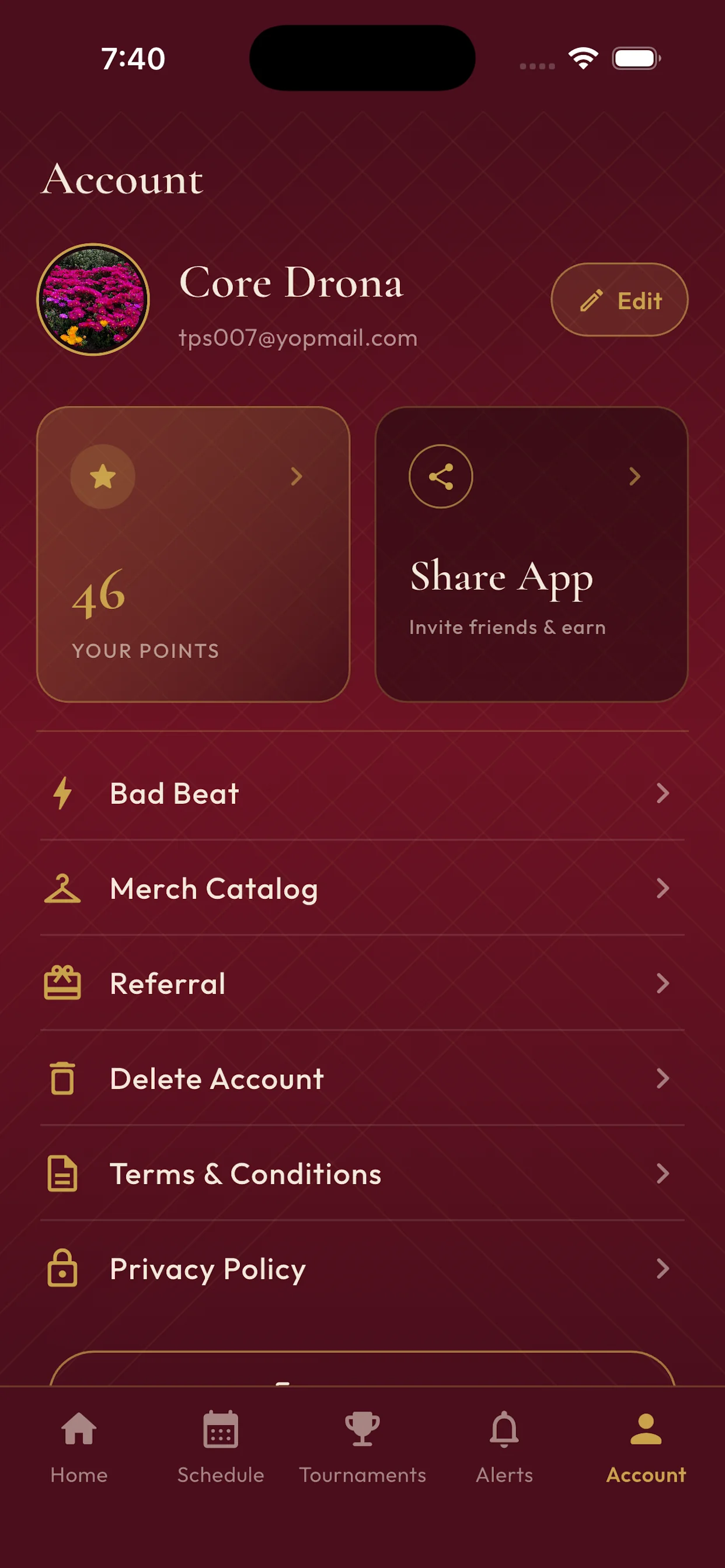 Parlour Room iOS app account screen with member profile, rewards points and account settings