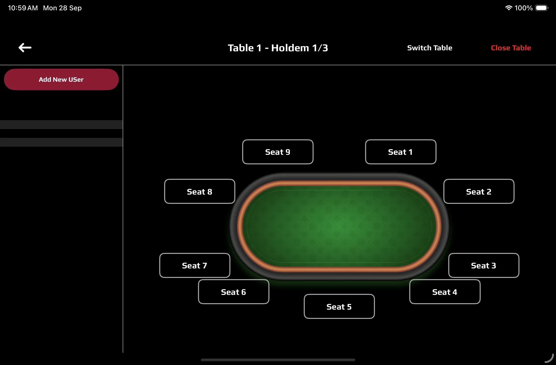Parlour Room internal iPad Table Application — Table 1 (Holdem 1/3) seat management screen with nine seats laid out around the table, an Add New User button, and Switch Table and Close Table controls