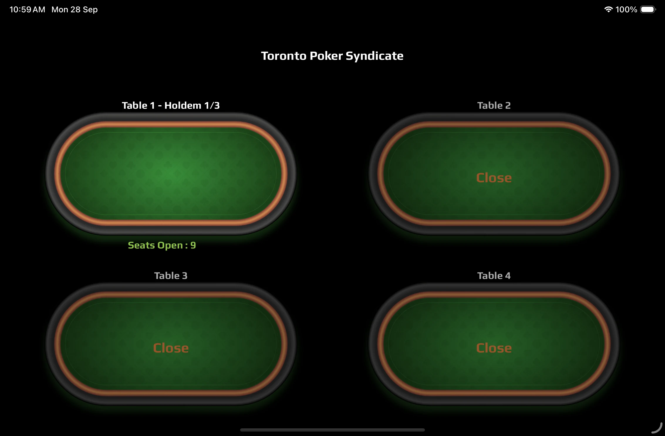 Parlour Room internal iPad Table Application — Toronto Poker Syndicate table overview screen showing four tables in a two-by-two grid, with Table 1 (Holdem 1/3) active and displaying Seats Open: 9, and Tables 2, 3 and 4 shown as closed